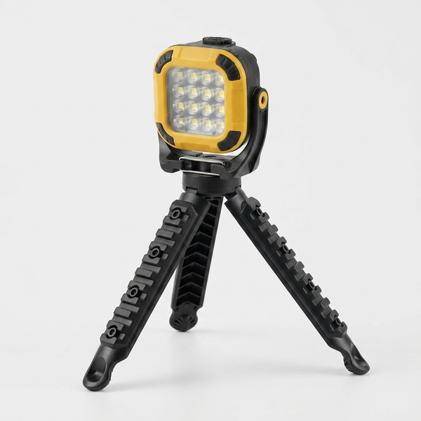 Portable LED Work Light with Adjustable Tripod Stand showcasing bright illumination and sturdy tripod design.