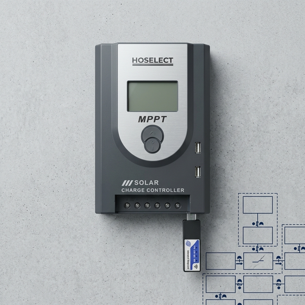 20A MPPT Lithium Battery Charge Controller with WiFi Dongle on a gray background, showcasing solar charge management technology.
