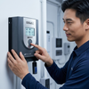 User adjusting the 20A MPPT Lithium Battery Charge Controller with WiFi Dongle on a wall-mounted display.