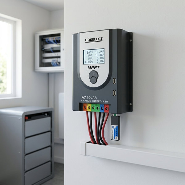 20A MPPT Lithium Battery Charge Controller with WiFi Dongle mounted on wall, displaying solar charge information.