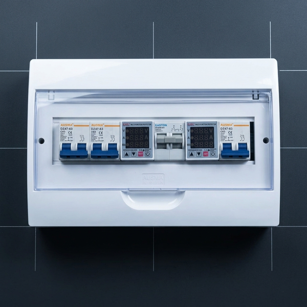 Electrical Distribution Box with Circuit Breakers showcasing multiple components in a compact enclosure.
