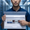 Man holding an Electrical Distribution Box with Circuit Breakers in a data center, showcasing organized electrical management.