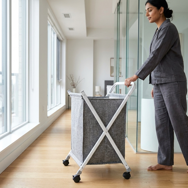 Collapsible Laundry Basket with Wheels in a modern home setting, held by a person in casual attire.