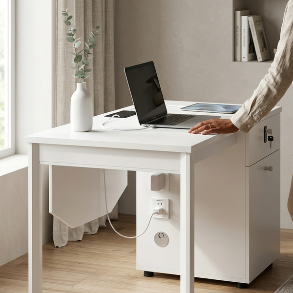 Smart Office Desk Pedestal Power Outlets Lock Drawer with integrated cable management and storage options.