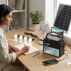 User operating All-in-One Solar Power System 3.1Ah 4 LED Bulbs 12V with solar panel, lights, and charging phone.