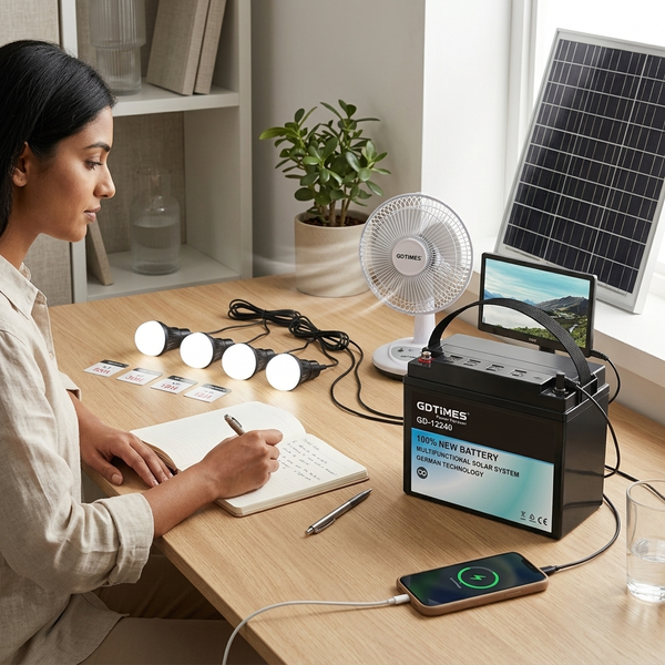 User operating All-in-One Solar Power System 3.1Ah 4 LED Bulbs 12V with solar panel, lights, and charging phone.