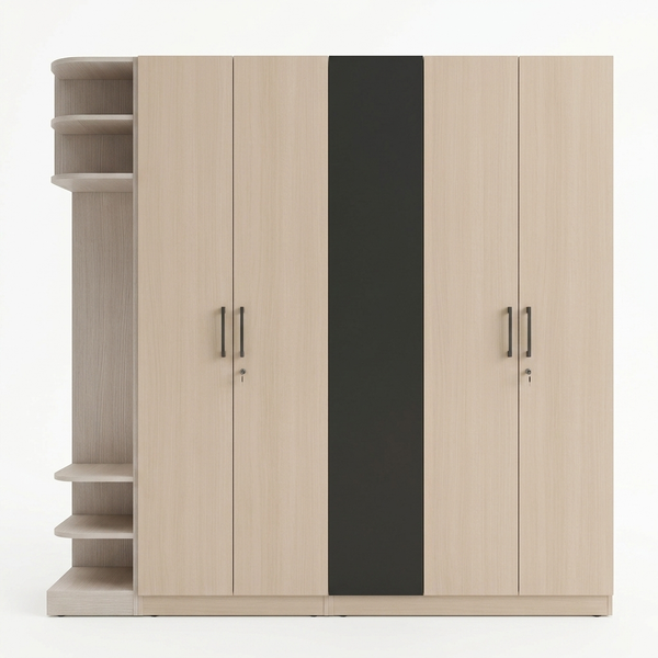 4 Door Wardrobe with Open Shelves – Light Wood featuring a modern design and practical storage options.