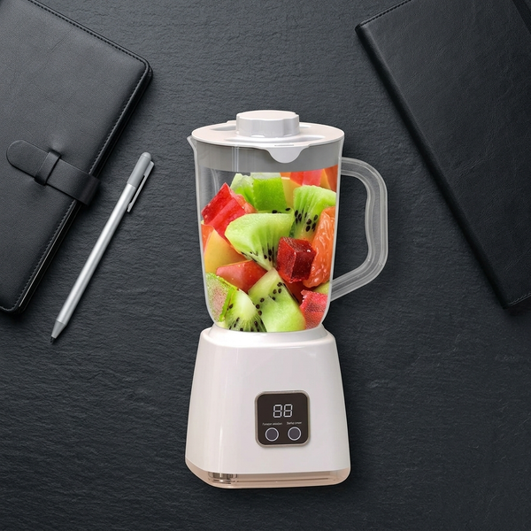 Digital LCD Countertop Blender with fresh fruit ready for blending on a modern kitchen countertop.