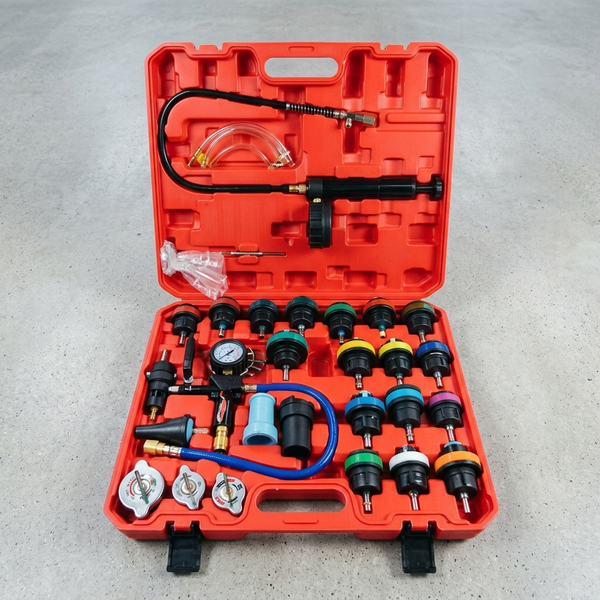 Water Tank Leak Detection Test Kit featuring pressure gauge, hand pump, hoses, and connection adapters in a red case.