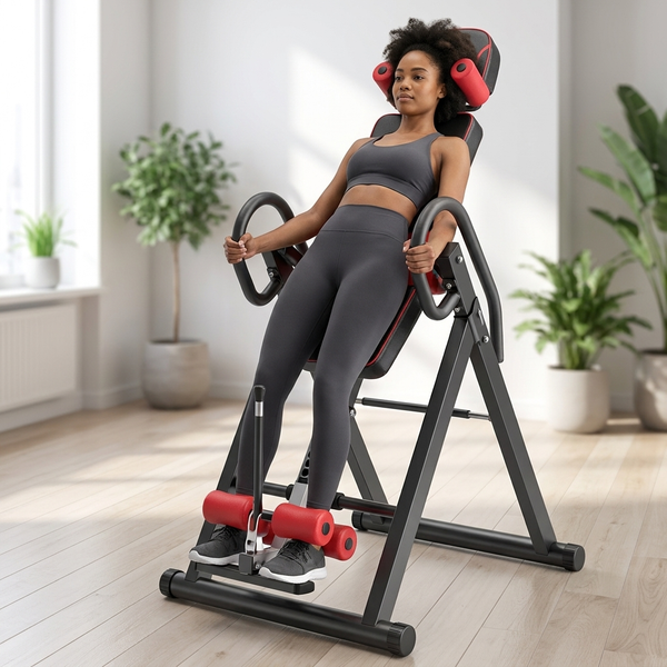 Adjustable Inversion Table for Home Fitness with user in workout gear exercising indoors.
