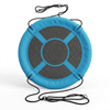 Hanging Saucer Swing in blue with circular design and ropes for outdoor relaxation.