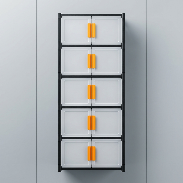6 Layer Double Door Shoe Storage Cabinet with orange handles organized vertically.
