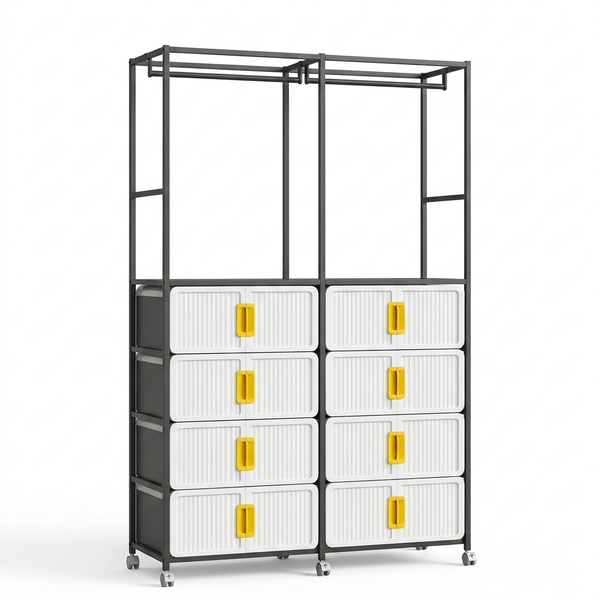 Double Row Clothes Storage Rack with Doors featuring a sleek design and multiple storage compartments.