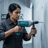 Corded Hammer Power Tool with Carrying Case in use for drilling tasks, showcasing its power and efficiency.