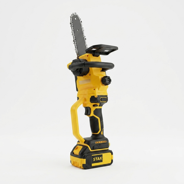 Cordless Lithium Mini Chainsaw Power Tool Set standing on a white background, showcasing its compact cordless design.