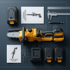 Cordless Lithium Mini Chainsaw Power Tool Set with batteries, charger, user manual, and measuring tools on a work surface.