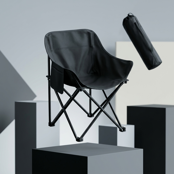 Black Folding Moon Chair displayed on a pedestal, showcasing its foldable design and spacious seat.