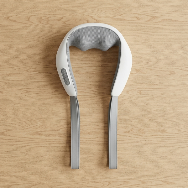 Wearable Shoulder and Neck Massager resting on a wooden surface, designed for hands-free massage sessions.