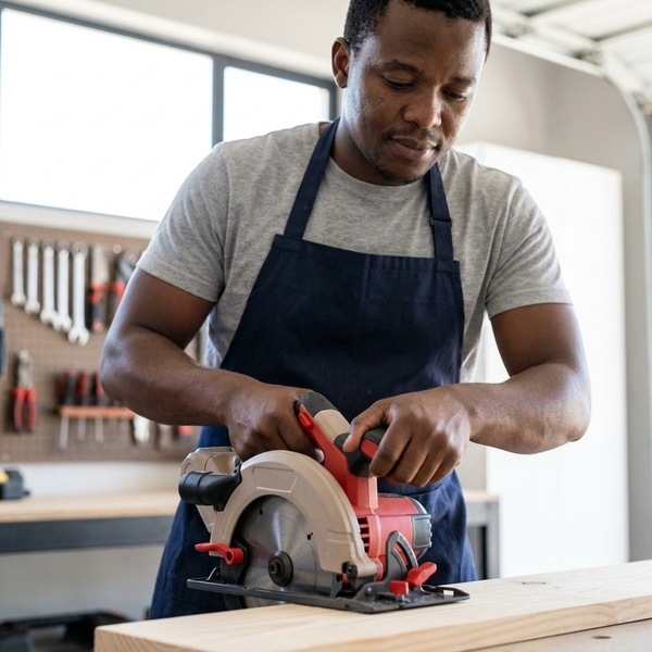Cordless Circular Saw with Protective Blade Guard in use by a man in an apron, demonstrating precision cutting tasks.