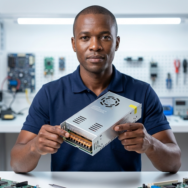 12V 60A Fan-Cooled Switching Power Supply. Person holding a 12v 40A Fan-Cooled Power Supply Unit in a tech workshop setting, showcasing its design and features.