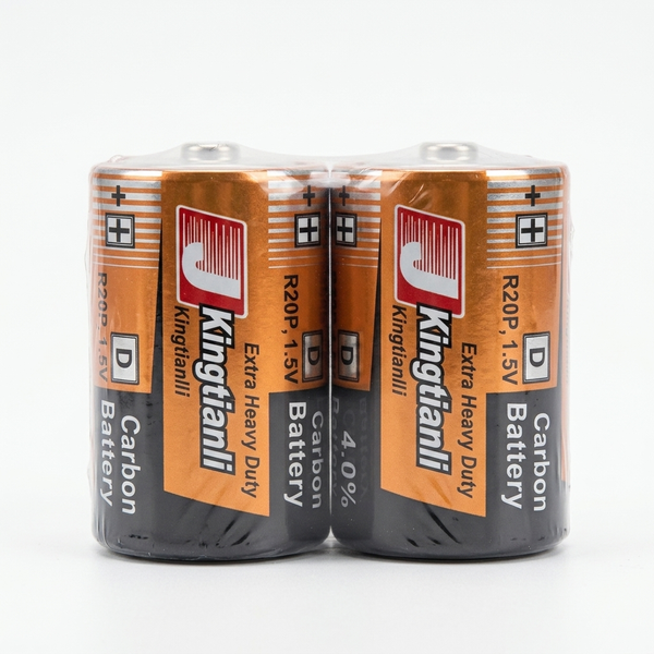 D-Size 1.5V Carbon Batteries 2 Pack in packaging, offering reliable energy for devices.