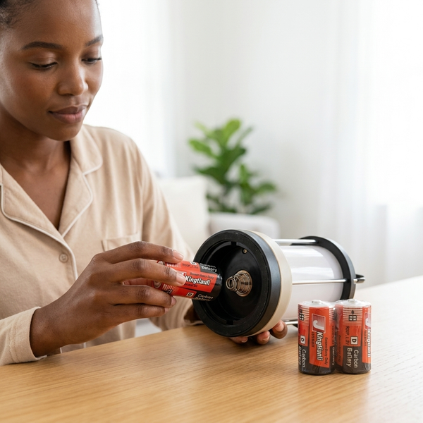 A woman inserting D-Size 1.5V Carbon Batteries 2 Pack into a lantern on a table.