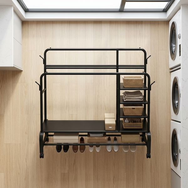 120cm 3-Tier Double-Rail Drying Rack With Wheels on display in a modern laundry room, showcasing its multi-level design.