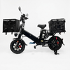 16-Inch Electric Delivery Cargo Bike with front and rear carrying space and delivery bags on each side.