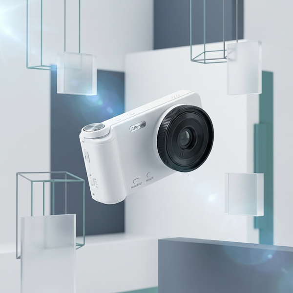 4K UHD Digital Camera floating among abstract geometric shapes in a modern setting.