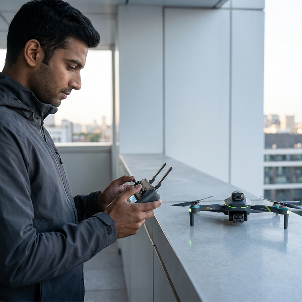 A person using a handheld controller to fly a Remote Controlled Quadcopter Drone on a balcony.