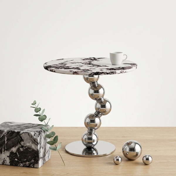 Luna Marble-Look Round Side Table featuring a marble top and chrome base, perfect for décor and everyday essentials.