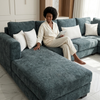 Modern Plush Lounge Couch with Cushions featuring a woman relaxing with a tablet on a soft, comfortable sectional.