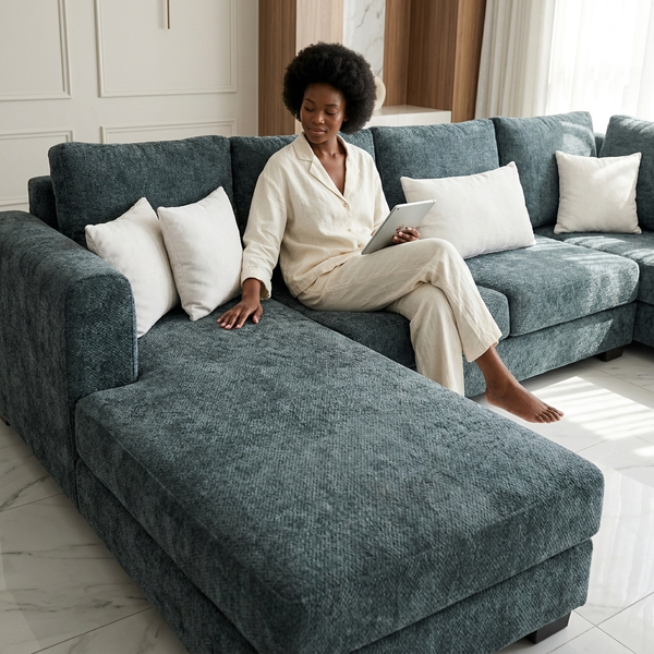 Modern Plush Lounge Couch with Cushions featuring a woman relaxing with a tablet on a soft, comfortable sectional.