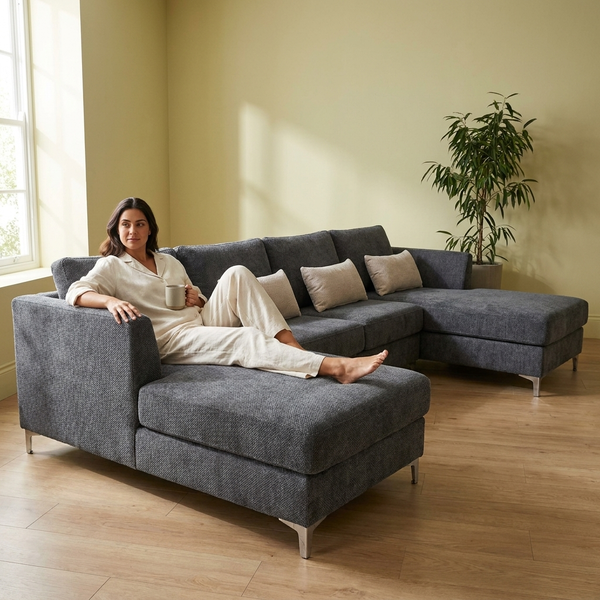 Modern Plush Lounge Couch with Cushions featuring a woman relaxing with a mug, soft gray upholstery and cozy cushions.