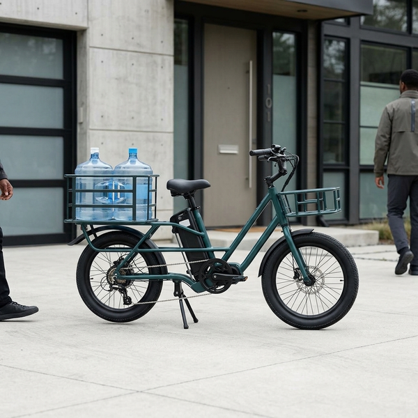 Electric Utility Bike with Front & Rear Carriers parked with water bottles in rear carrier.