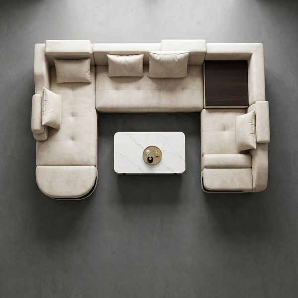 Modern Curved Sectional Sofa in a spacious living area with decorative pillows and a coffee table.
