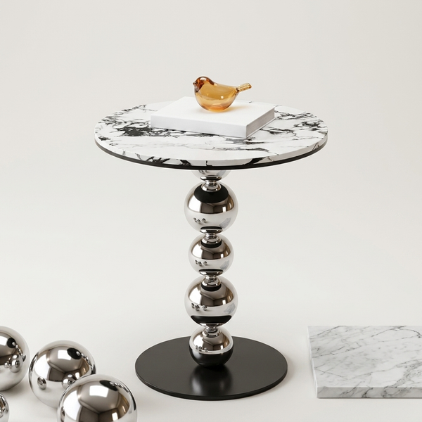 Round Marble-Look Coffee Table with Decorative Metal Base showcasing a marble top and distinctive metal support.