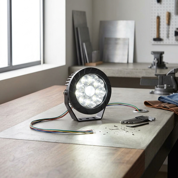 Adjustable LED Wall Spotlight displayed on a workbench, showcasing focused lighting and adjustable design.