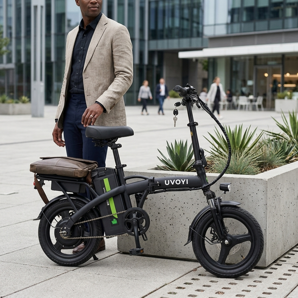 Compact Electric Bicycle parked next to a planter, featuring a compact frame and a rear rack.