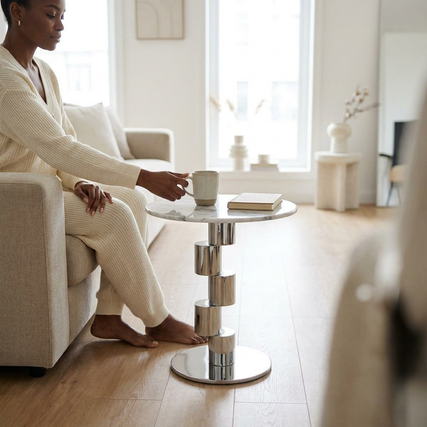 Round Modern Accent Side Table in a stylish living room setting with a woman enjoying a drink.