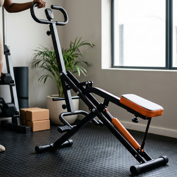 Adjustable Folding Fitness Exercise Machine in a home workout space with padded seat and handles.