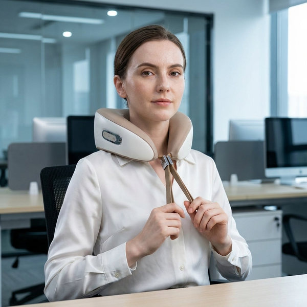Woman wearing a Contoured Neck Support Pillow at an office desk for comfort and support.