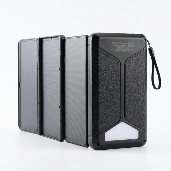 Foldable Solar Power Bank 30000mAh with 5W Panel, featuring a compact design and solar charging capability.