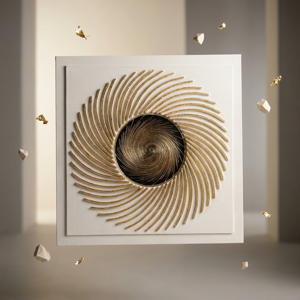 Abstract Spiral Decorative Wall Art featuring a spiral pattern with gold accents and neutral tones.