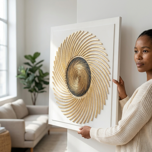 Woman holding Abstract Spiral Decorative Wall Art featuring a flowing spiral pattern with a central circular design.