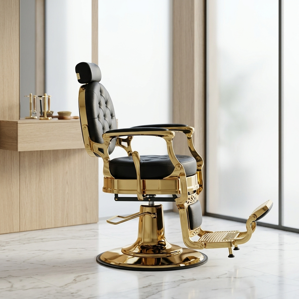 Classic Black and Gold Barber Chair with Footrest