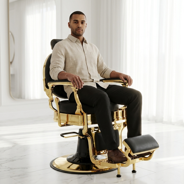 Classic Black and Gold Barber Chair with Footrest