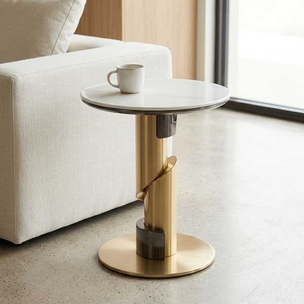 Round Pedestal Side Table beside a sofa, featuring a marble top and an elegant gold pedestal base.