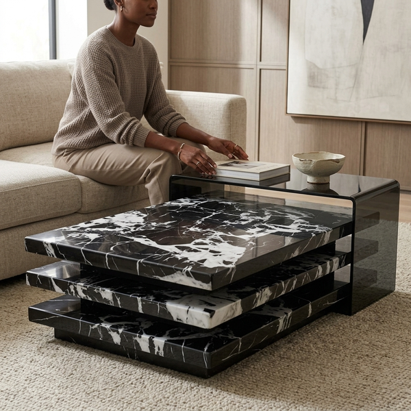 Modern Black Marble-Look Rectangular Coffee Table