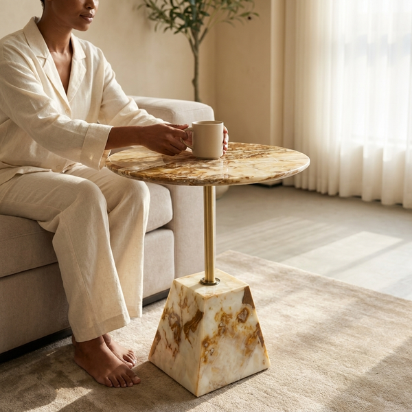 Round Marble-Style Pedestal Side Table
